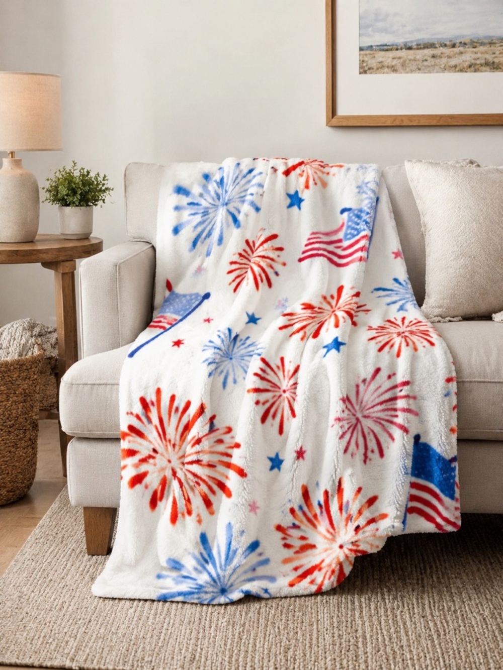 Festive Fireworks Plush Throw Blanket - White, Red & Blue
